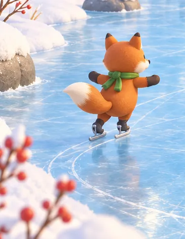 A felt fox in a green scarf skating on the frozen brook.